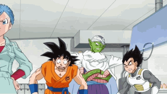 a group of cartoon characters including goku and vegeta are standing in a room