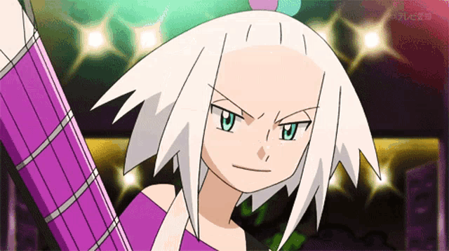 a cartoon of a girl with white hair and a purple outfit