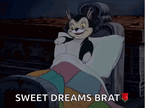 a cartoon cat is laying in bed with the words sweet dreams brat