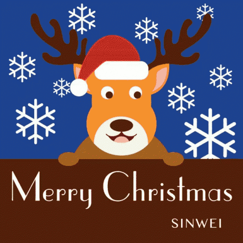 a christmas card with a reindeer wearing a santa hat and snowflakes