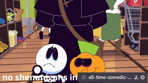 a cartoon of a man standing next to a pumpkin that says no shenanigans in # all-time-comedic