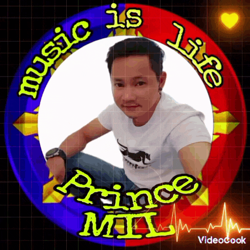 a man in a white shirt sits in a circle that says " music is life "