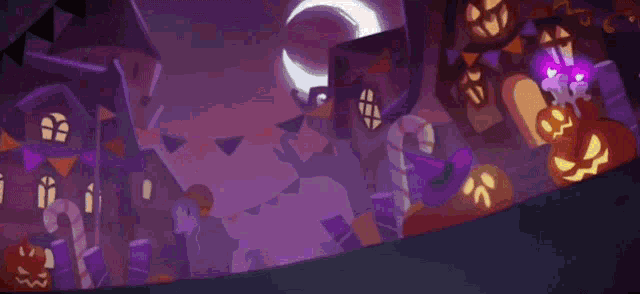 a cartoon illustration of a halloween scene with pumpkins , ghosts , and a purple moon .