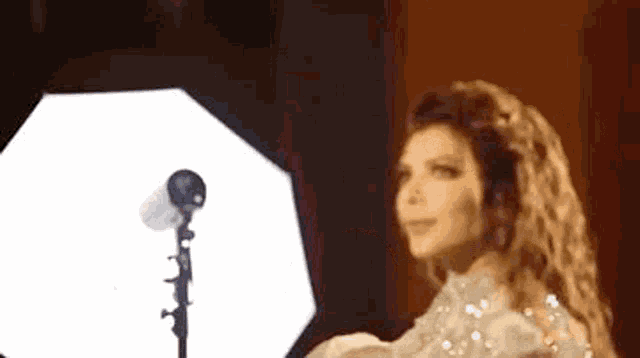 a woman is standing in front of a microphone .