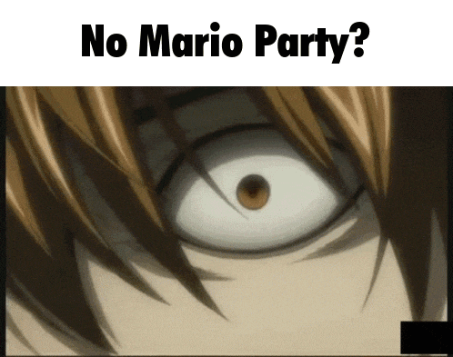 a close up of a person 's eye with the words " no mario party " written above it