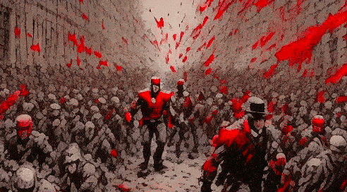 a painting of a man in a red suit standing in front of a crowd