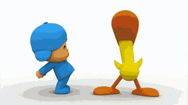 a blue cartoon character stands next to a yellow cartoon character with orange legs