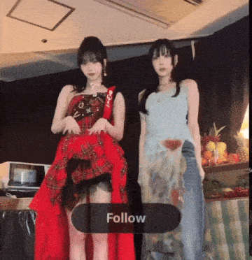 two women are standing next to each other with a follow button on the bottom