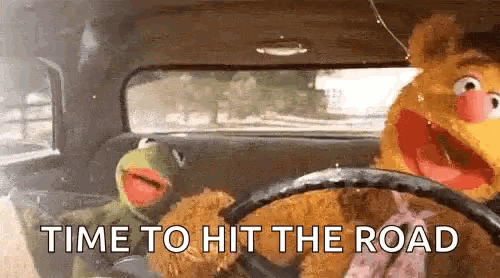 kermit the frog and fozzie bear are driving a car with the words `` time to hit the road '' written on the screen .