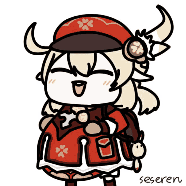 a drawing of a girl wearing a red hat with a flower on it and the word seseren below it