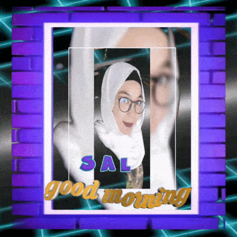 a picture of a woman wearing glasses and a hijab with the words good morning