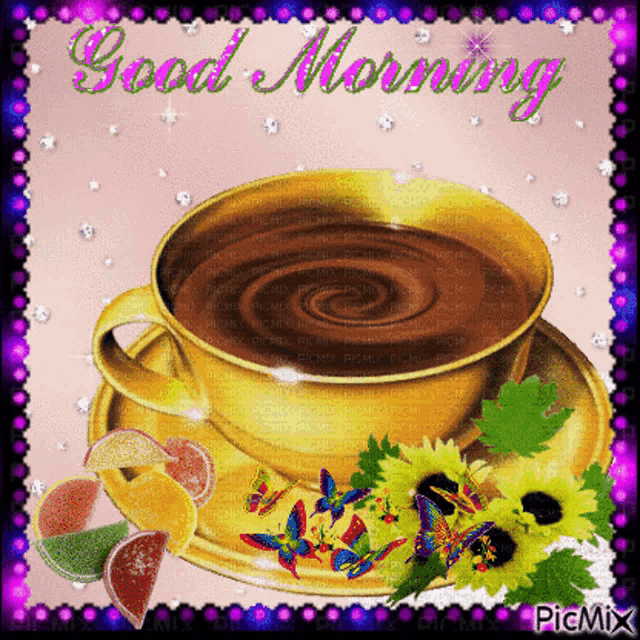 a picture of a cup of coffee with the words good morning written on the bottom