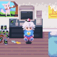 a pixel art drawing of a girl in a blue shirt