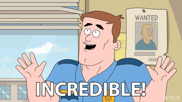 a cartoon of a police officer with a wanted poster behind him that says incredible