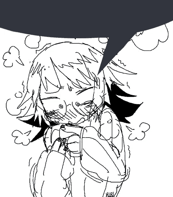 a black and white drawing of a girl with a speech bubble in the background .