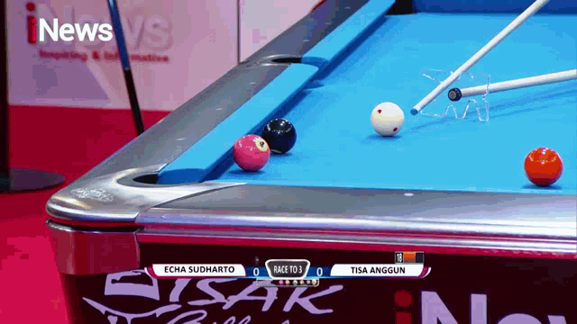 a pool table that says inews on the top of it