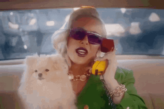 a woman is sitting in the back seat of a car talking on a phone while holding a small white dog .