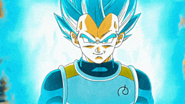 a drawing of a person with blue hair and a letter r on his chest