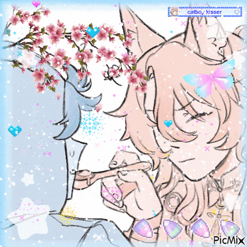 a picture of a cat boy kissing another cat boy