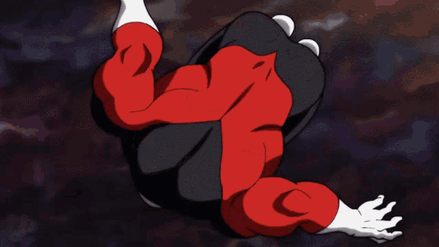 a cartoon character in a red and black outfit is falling down