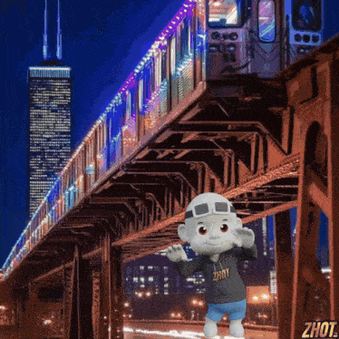 a cartoon character wearing a zhout shirt stands in front of a bridge