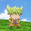 a cartoon character with green hair is standing in a field of grass .