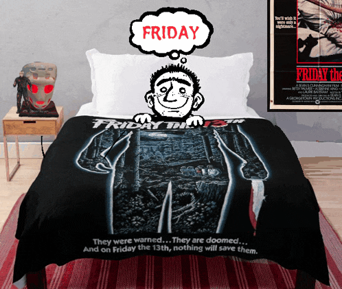a bed with a blanket on it that says friday the 13th on it