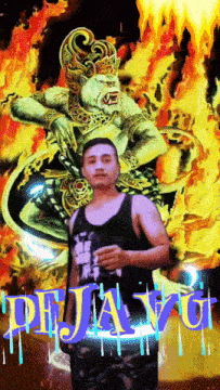 a man stands in front of a painting of a lion and the word pejayu on the bottom