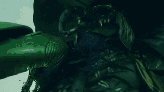 a person is laying on the ground in a dark room with a green background .