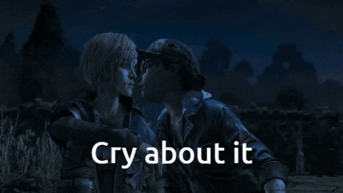 a couple kissing with the words cry about it on the bottom