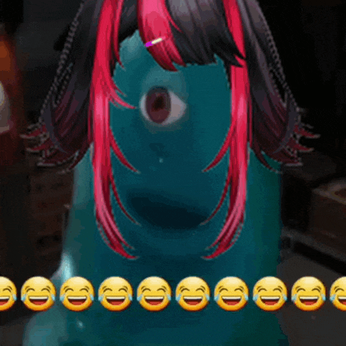 a cartoon character with one eye and red hair is surrounded by laughing and crying emojis
