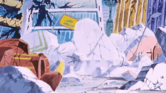 a painting of a destroyed building with a yellow sign that says ' a ' on it