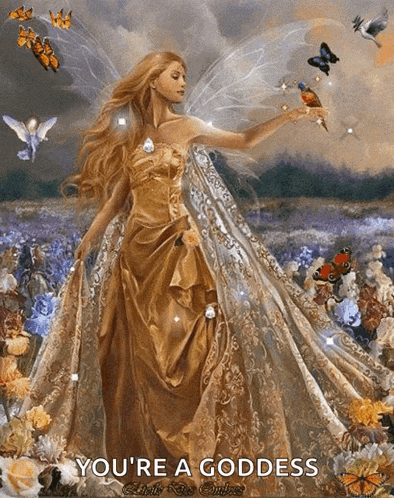 a painting of a fairy with butterflies and the words you 're a goddess on the bottom