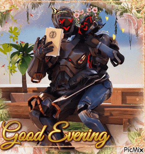 a picture of a robot reading a book with the words good evening on the bottom