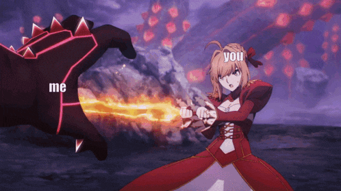 a cartoon of a girl holding a sword with the words " me " and " you " below her