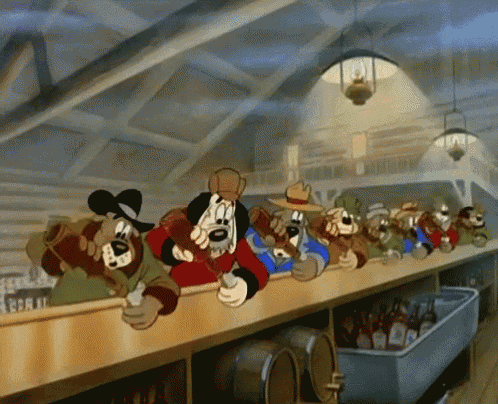 a group of cartoon dogs sitting at a bar