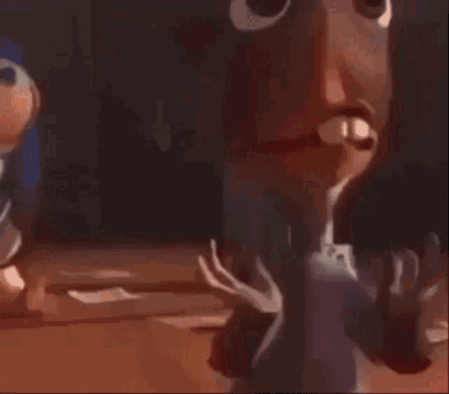 a cartoon character is standing on a wooden floor in a dark room in front of a water cooler .