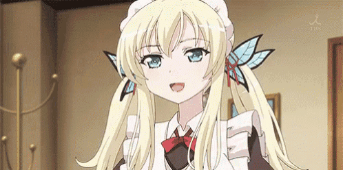 a blonde anime girl is wearing a maid outfit and a bow tie