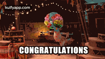 a clown dancing in a circus with the words congratulations