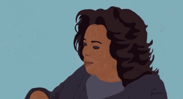 a cartoon drawing of a woman with a purple shirt