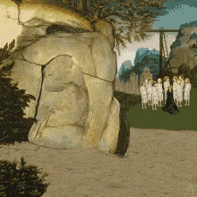 a group of children are standing in front of a large rock in a painting