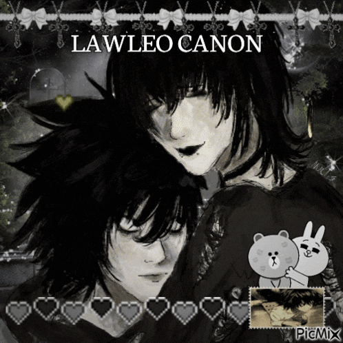 a black and white drawing of two people with lawleo canon written on the top