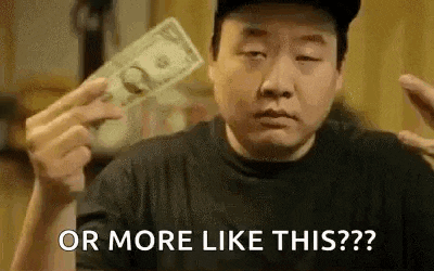 a man is holding a bunch of money in his hand and asking if there is more like this .