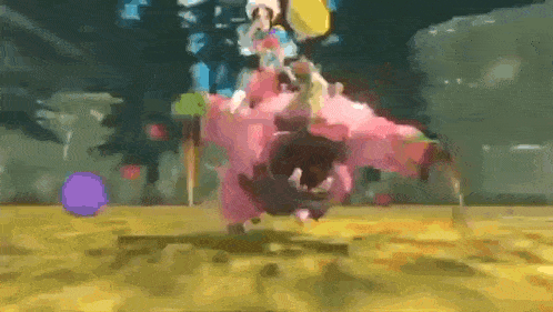 a video game scene with a pink monster and a purple ball