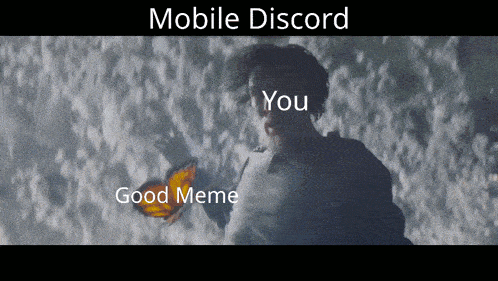 a man holding a butterfly in front of a cloudy sky with mobile discord written above him