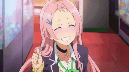 a girl with pink hair and a choker is making a peace sign with her fingers .
