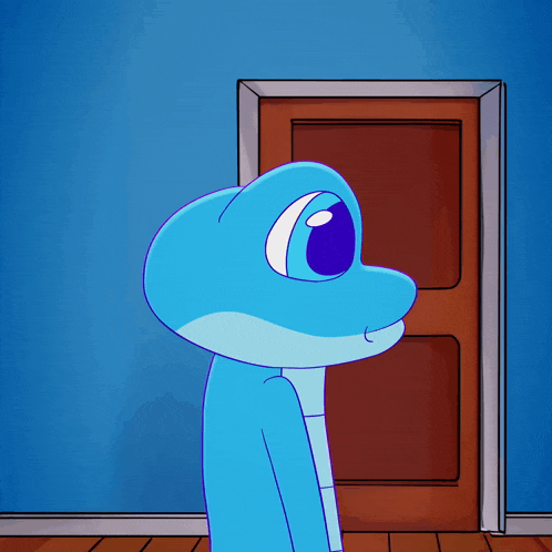 a blue cartoon character is standing in front of a brown door