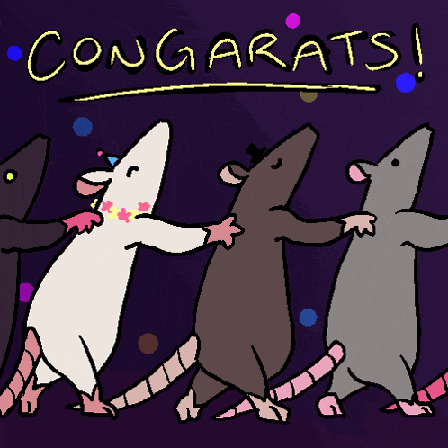 a group of mice are dancing in front of a sign that says " congrats ! "