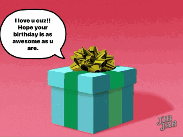 a blue and green gift box with a yellow bow and a speech bubble that says i love u cuz