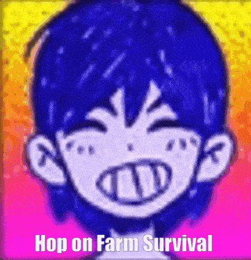 a cartoon of a boy with blue hair and the words hop on farm survival on the bottom